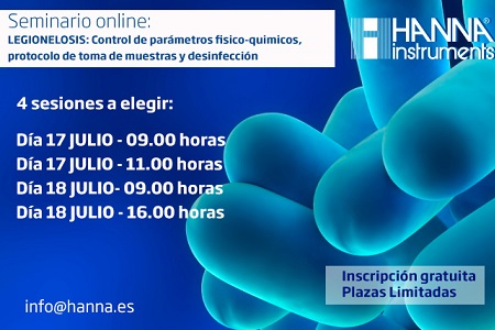 Promoción del seminario online de HANNA Instruments sobre el control de parámetros físico-químicos, protocolo de toma de muestras y desinfección para la Legionelosis, con fechas y horarios disponibles en julio