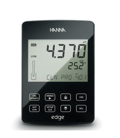 pHmetro multiparamétrico Hanna EDGE HI2020, mostrando una lectura de pH de 4.370 y temperatura de 25.2°C en su pantalla digital