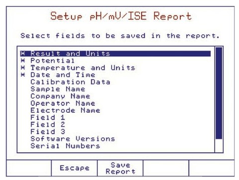 Pantalla de configuración de un informe de valoración de pH/mV/ISE, mostrando las opciones seleccionables para guardar en el reporte, como resultados, unidades, temperatura, fecha y hora