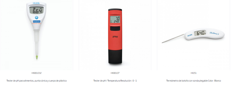 Dispositivos de Hanna Instruments para medición de pH y temperatura en alimentos: Tester de pH (HI981032) y Termómetro con sonda plegable (HI151)