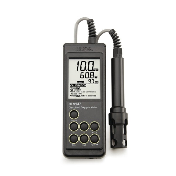 Medidor portátil de oxígeno disuelto Hanna HI 9147, mostrando una lectura de 10.0 mg/L en su pantalla digital junto con otros parámetros
