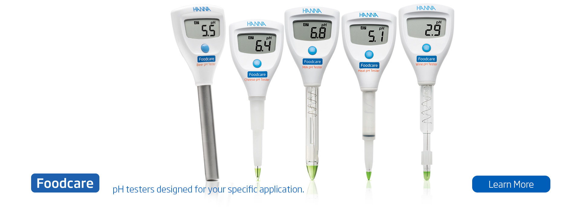 pHmetros de bolsillo de la línea Foodcare de HANNA Instruments, diseñados para medir el pH en productos como cerveza, queso, leche, carne y vino, ofreciendo soluciones específicas para cada aplicación alimentaria